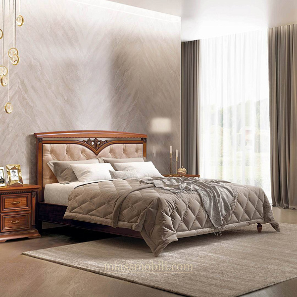 Кровать двойная Lorenzo вишня с кутаной головной и без ножной спинки